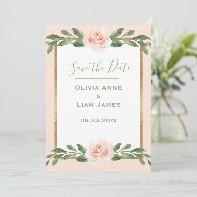 Save The Date Rose Blush Romantique Floral Élégant Script vert (Debout devant)