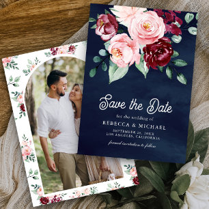 Save The Date Rose Bourgogne Floral Photo Bleu Marine Mariage