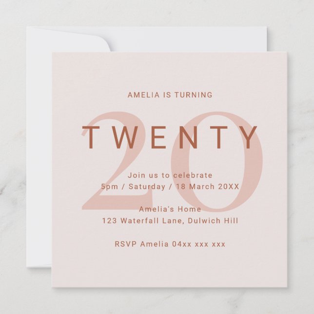 Save The Date Rose contemporain 20e anniversaire de fête Invitat (Devant)