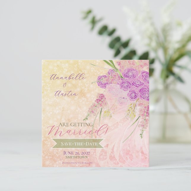 Save The Date Rose Coucher de soleil - Bouquet à ruban transpare (Debout devant)