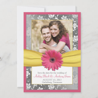 Save The Date Rose Daisy Grey Yellow Damask Photo Enregistrer la