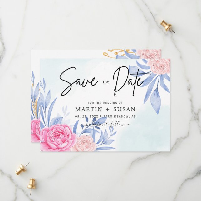 Save The Date Rose d'aquarelle rose Cloudy Bleu Feuille Mariage (Devant/Arrière en situation)