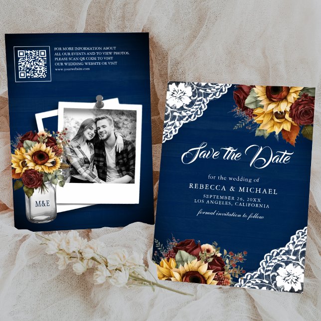 Save The Date Rose de Bourgogne Sunflower Navy QR Code Mariage P (Créateur téléchargé)
