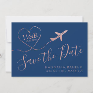 Save The Date Rose de Coeur d'avion Gold et Marine Blue Destinat