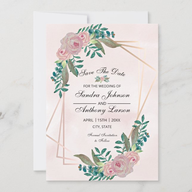 Save The Date Rose de couleur d'aquarelle géométrique élégant (Devant)