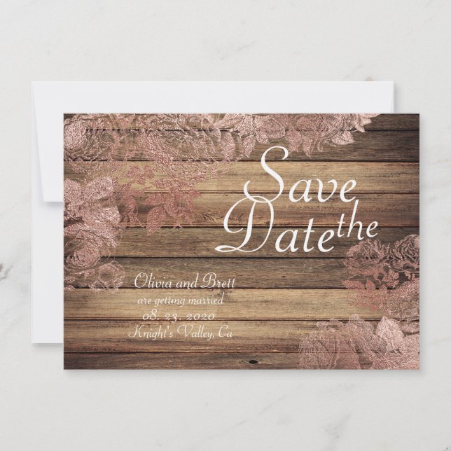 Save The Date Rose de mariage rustique boisé à motifs de dentell (Devant)
