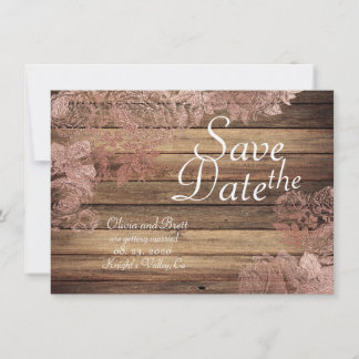 Save The Date Rose de mariage rustique boisé à motifs de dentell