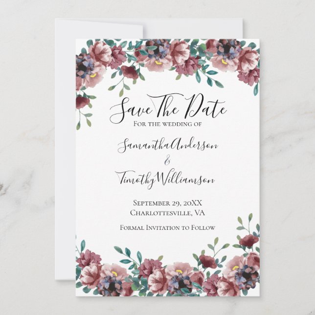 Save The Date Rose Dusty Rose Bleu Vert Eucalyptus Floral (Devant)