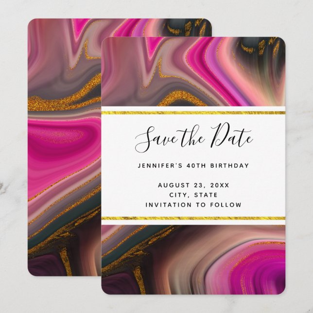 Save The Date Rose et Noir avec des rouleaux d'or Abstrait (Devant / Derrière)