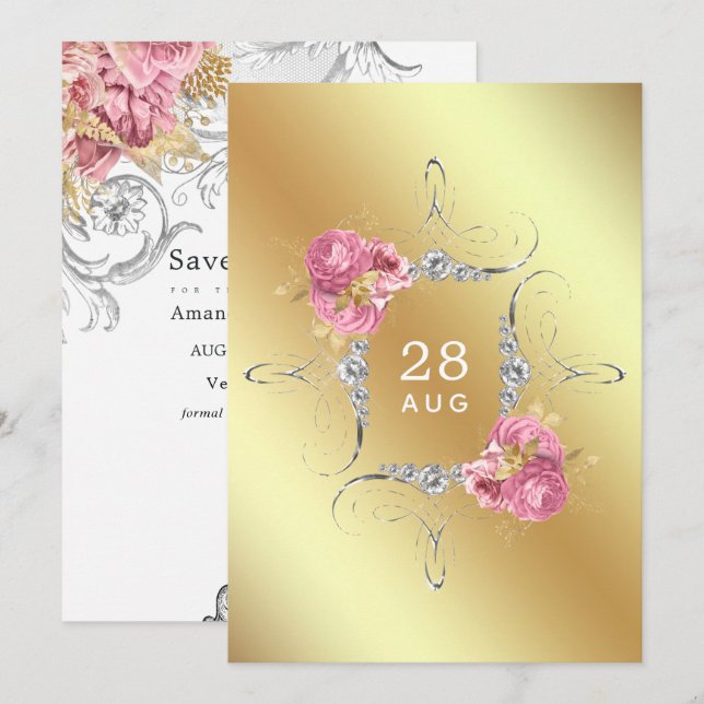 Save The Date Rose et Or et Fleurs Argent Diamant Mariage Sa (Devant / Derrière)