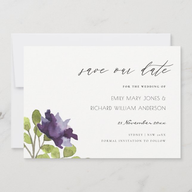 Save The Date Rose Fleur d'aquarelle bleue violette élégante  (Devant)