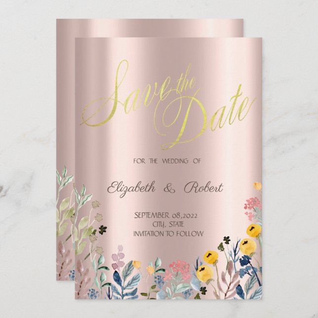 Save The Date Rose Fleur sauvage d'aquarelle Meadow (Devant / Derrière)
