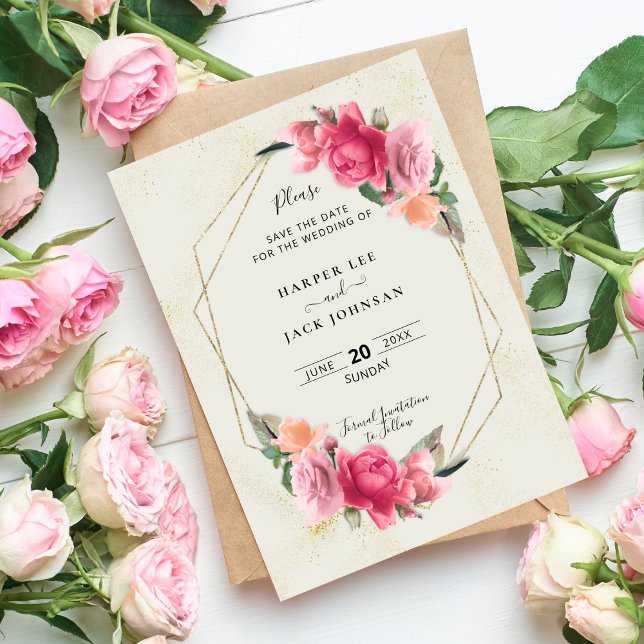 Save The Date Rose floral rose clair géométrique élégant (Stylish Geometric Blush Pink Floral Rose Save The Date)