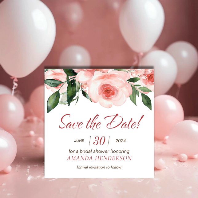Save The Date Rose Florale Aquarelle Lavis Rose pour Mariage (Blush Pink Rose Floral Watercolor Bridal Shower Save The Date)