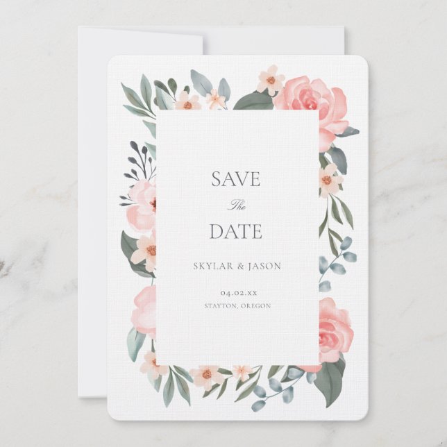 Save The Date Rose Florale Aquarelle Rose Pâle & Feuillage Sage (Devant)