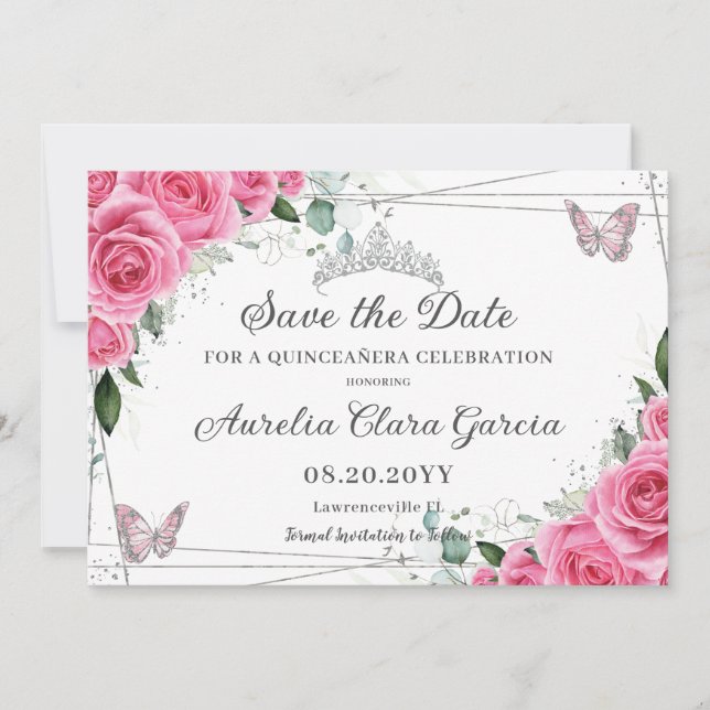 Save The Date Rose Fuchsia Floral Argent Quinceanera XV Douce 16 (Devant)