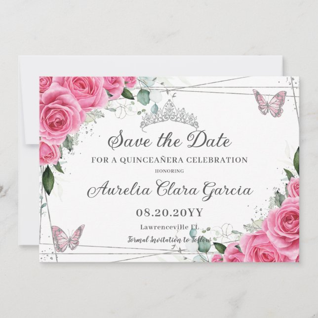 Save The Date Rose Fuchsia Floral Argent Quinceanera XV Douze An (Devant)