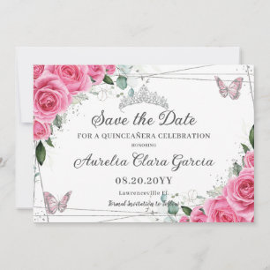 Save The Date Rose Fuchsia Floral Argent Quinceanera XV Sweet 16