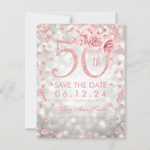 Save The Date Rose Gold 50th Birthday Glam Lights Argent