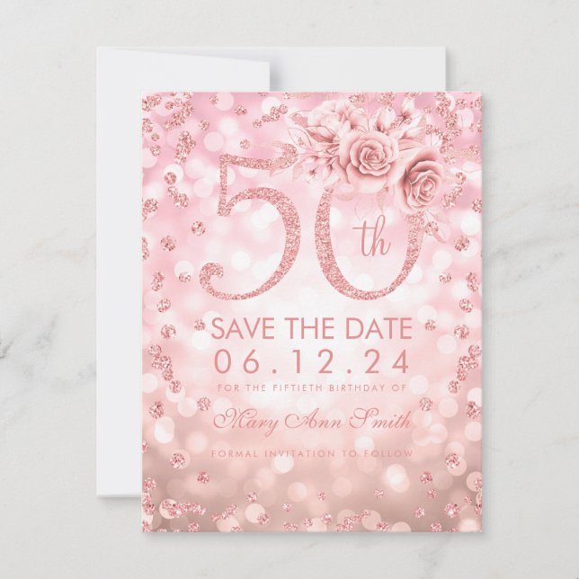 Save The Date Rose Gold 50th Birthday Glam Lights Enregistrer la (Devant)
