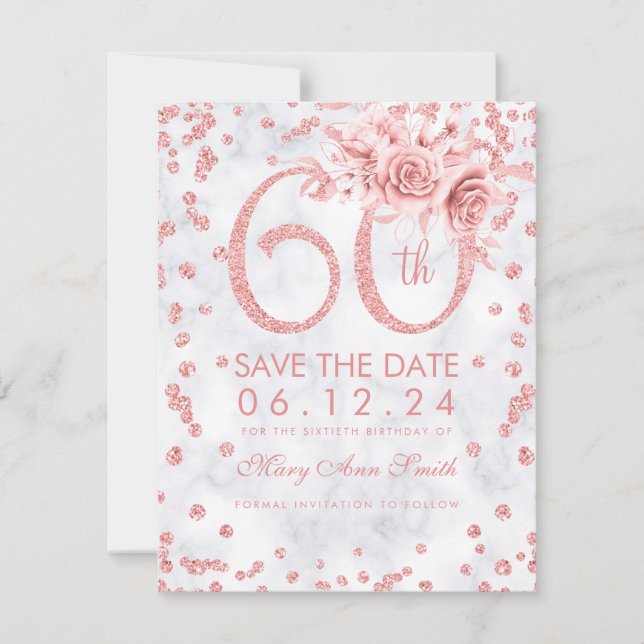 Save The Date Rose Gold 60e Anniversaire Glam Marbre Enregistrer (Devant)