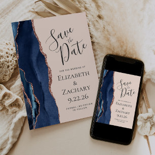 Save The Date Rose Gold Agate Bleu Marine Fleurs de Cerisier Enr