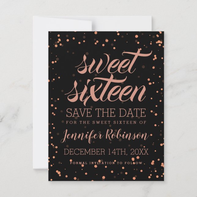 Save The Date Rose Gold Blac Sweet 16 Date de sauvegarde Sparkle (Devant)