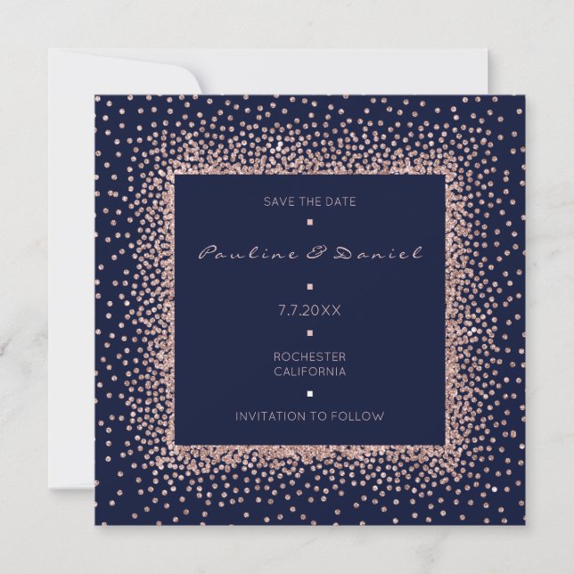 Save The Date Rose Gold Bleu Nuit Paillettes Monogramme Sauvegar (Devant)