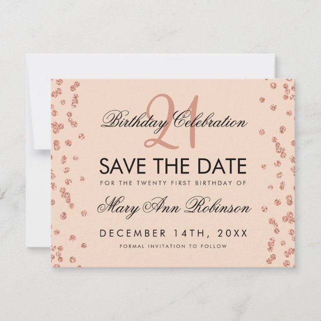 Save The Date Rose Gold Blush Enregistrer Date 21e Anniversaire  (Devant)
