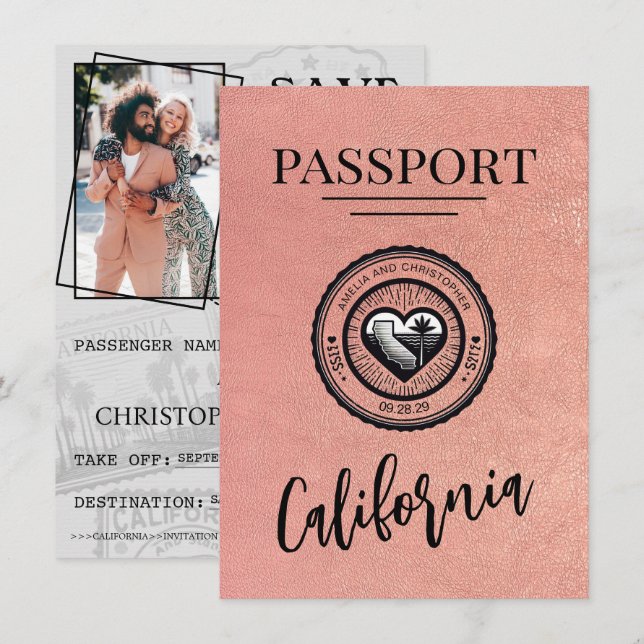 Save The Date Rose Gold California Passeport Enregistrer La Date (Devant / Derrière)