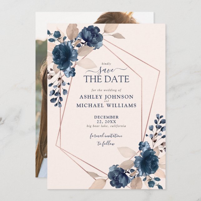 Save The Date Rose Gold Dusty Pink Navy Photo Enregistrer la dat (Devant / Derrière)