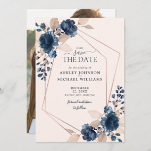 Save The Date Rose Gold Dusty Pink Navy Photo Enregistrer la dat