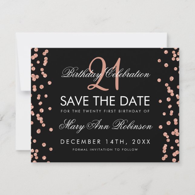 Save The Date Rose Gold Enregistrer Date 21e Anniversaire Confet (Devant)