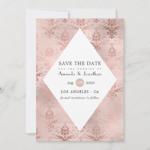 Save The Date Rose Gold et Blush Damassé Mariage Vintage