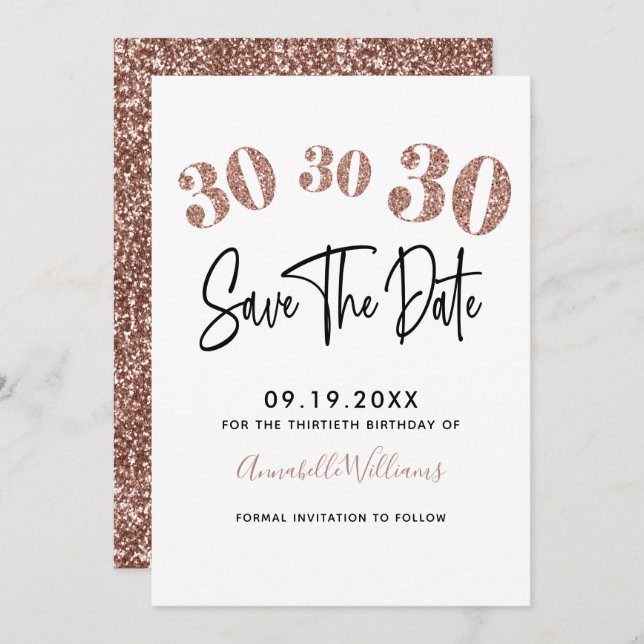 Save The Date Rose Gold Faux Parties scintillant 30e anniversair (Devant / Derrière)