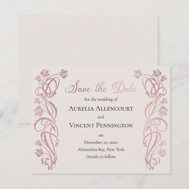 Save The Date Rose Gold Floral Fairytale Mariage (Devant / Derrière)