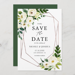 Save The Date Rose Gold Foil Geométrique Blanc Floral Frame Spri