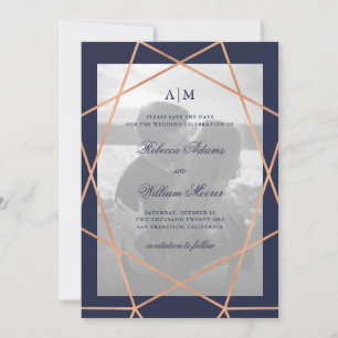 Save The Date Rose Gold Géométrique et Bleu Minuit Photo