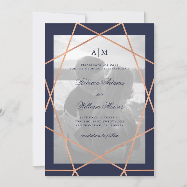 Save The Date Rose Gold géométrique et Midnight Blue | Photo (Devant)