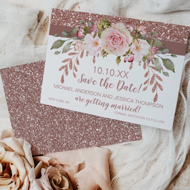 Save The Date Rose Gold Glitter Floral Enregistrer la Date (Créateur téléchargé)