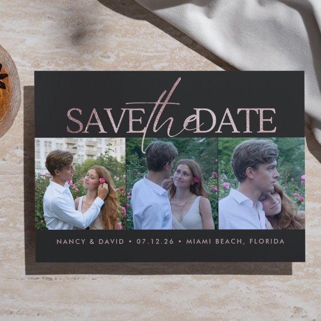 Save The Date Rose Gold Glitter Script 3 Photo Collage Wedding  (Créateur téléchargé)