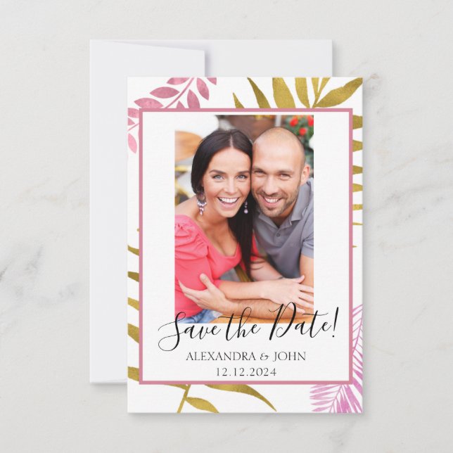 Save The Date Rose Gold & Gold Foil Tropical Enregistrer la date (Devant)