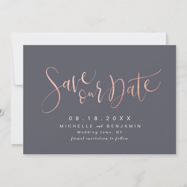 Save The Date Rose Gold Gris Moderne Simple Script Enregistrer L (Devant)