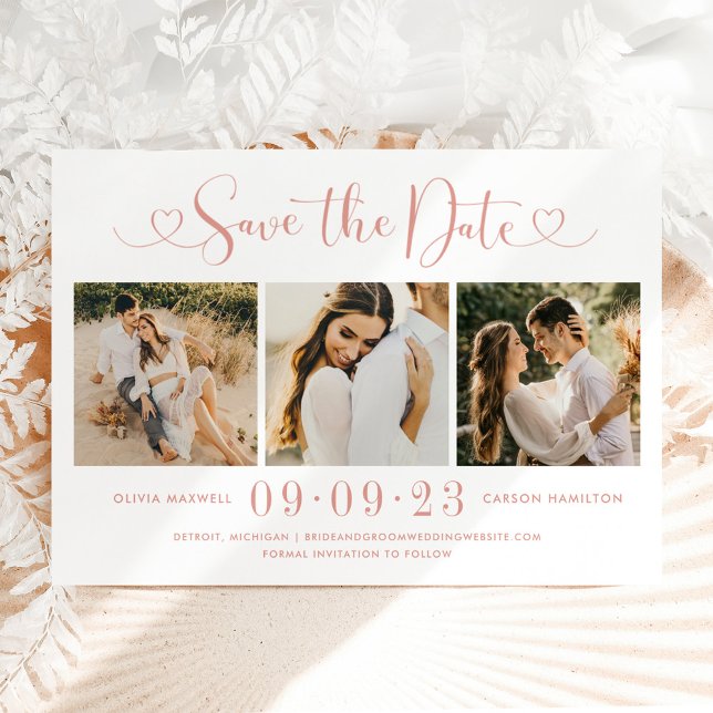 Save The Date Rose Gold Heart Script 3 Photo Mariage Collage (Créateur téléchargé)