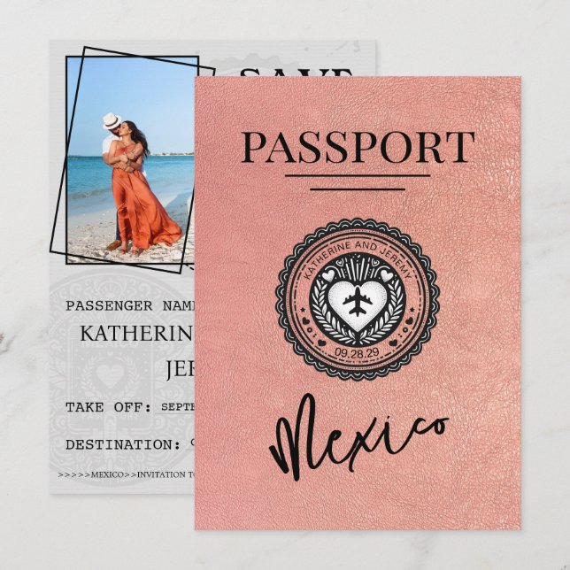 Save The Date Rose Gold Mexique Passeport Enregistrer La Date (Devant / Derrière)
