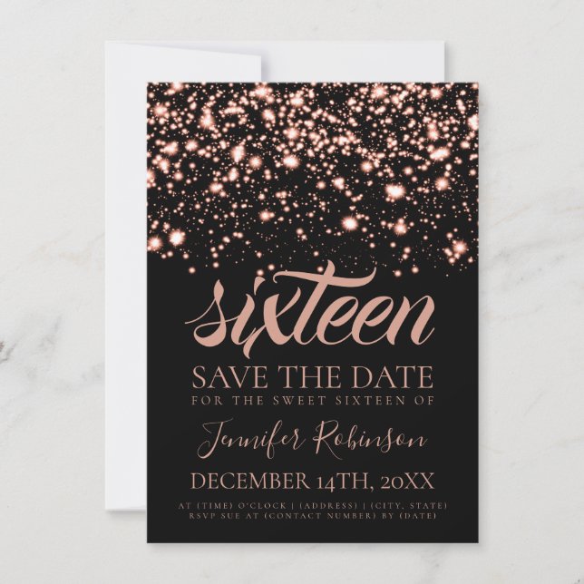 Save The Date Rose Gold Midnight Glam Sweet 16 Anniversaire (Devant)