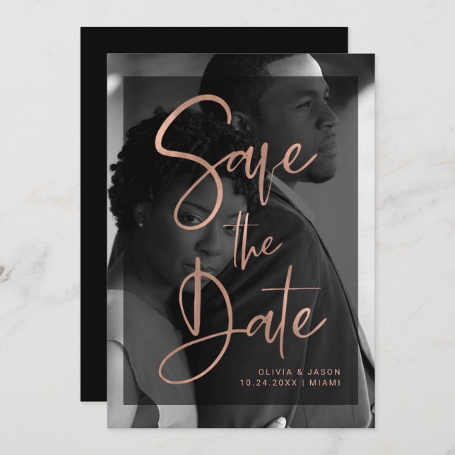 Save The Date Rose Gold Moderne et Noir Superposé | Photo (Devant / Derrière)