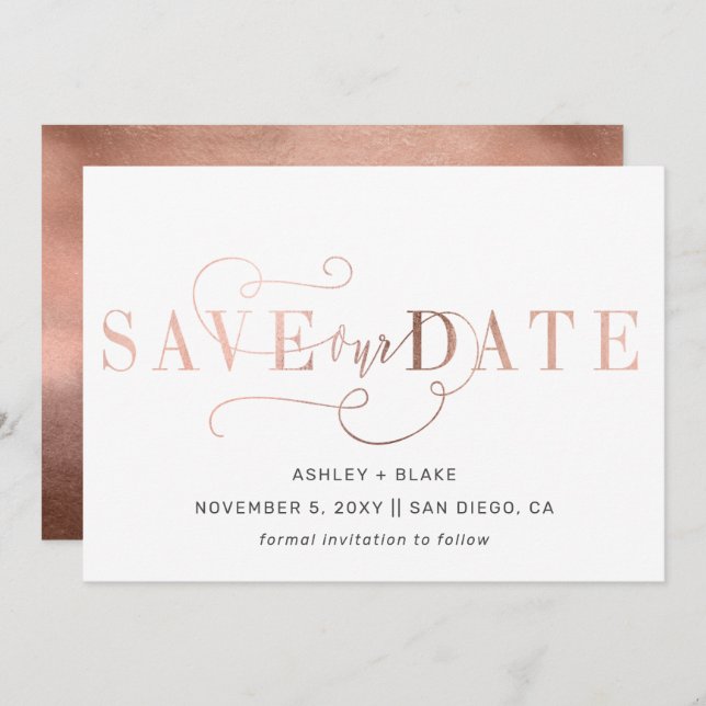 Save The Date Rose Gold Moderne Stylo Design manuscrit Calligrap (Devant / Derrière)