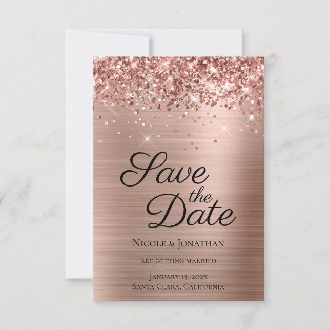 Save The Date Rose Gold Pailleté Calligraphie Élégante (Devant)
