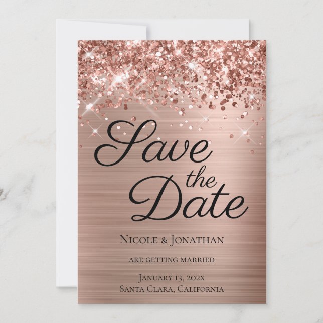 Save The Date Rose Gold Pailleté Calligraphie Élégante (Devant)